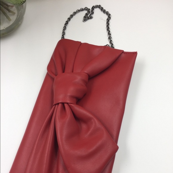 INC โBowahโ Red Faux Leather Clutch w/ chain strap - Picture 2 of 5